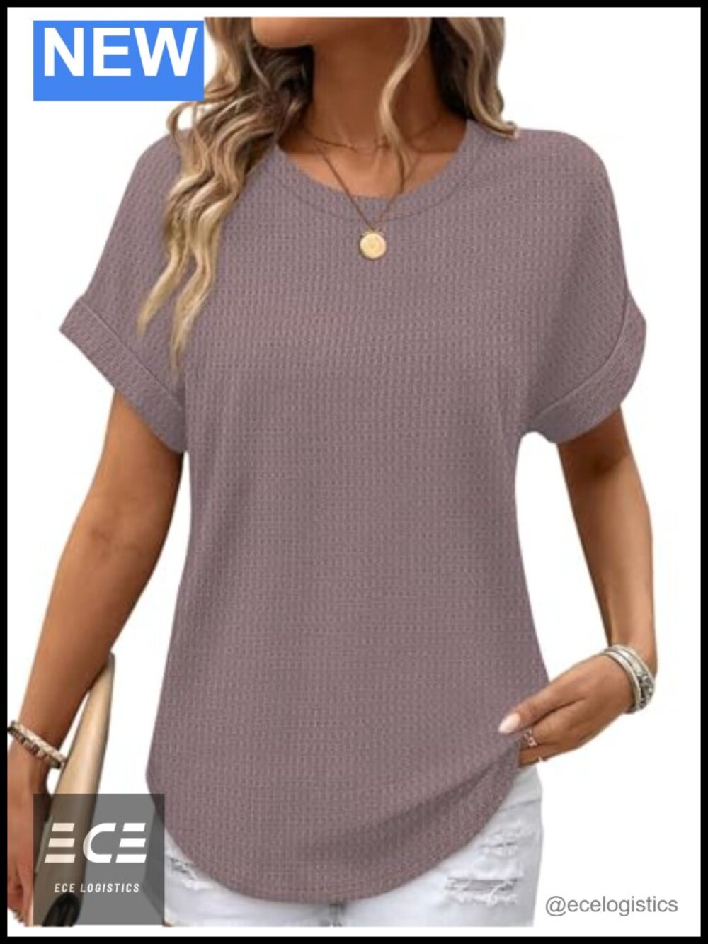 Waffle Knit Short Sleeve Top Rolled Sleeve Curved Hem Loose Fit Tee